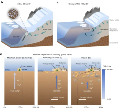 Meteoric water imprints in marine sediment porewaters indicate a history of offshore aquifer freshening, attributed to increased hydraulic head gradients as a result of glacial loading during the Last Glacial Maximum (b) while saline groundwater residence times illustrate that, after the collapse of the FIS and retreat of marine-based outlet glaciers, seawater started infiltrating the offshore aquifer (c). d, Decelerating groundwater discharge velocities due to glacial unloading allowed the SMTZ to move into the sediments, resulting in the formation of barite and carbonate within the sediments opposed to on the seafloor.